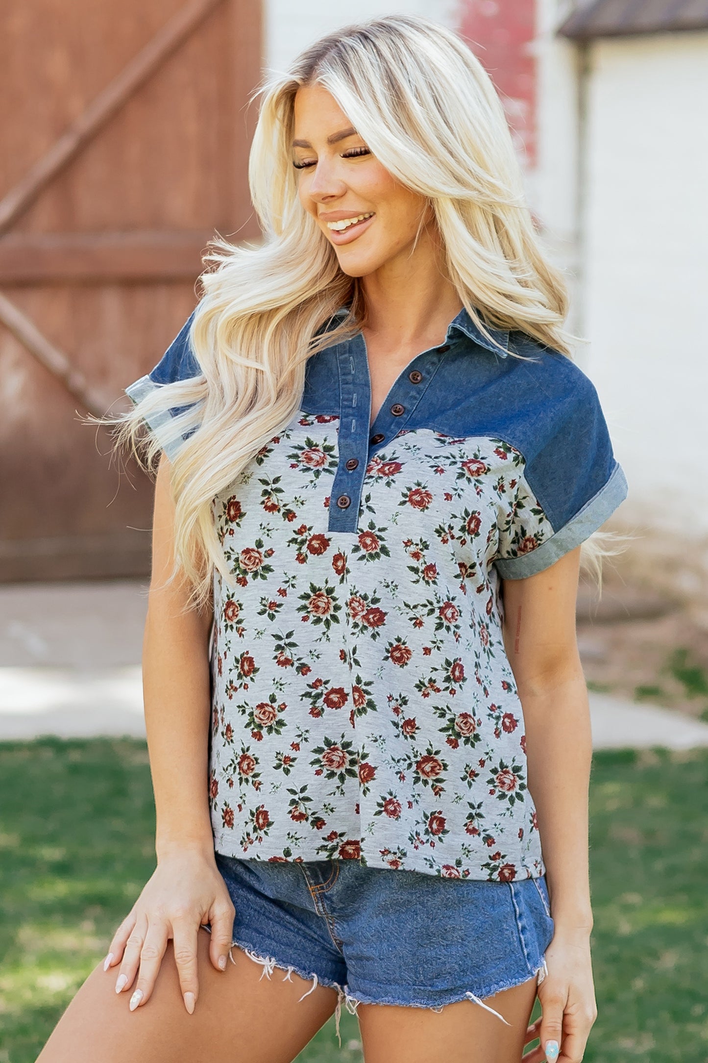 Retro Floral Print Denim Blouse