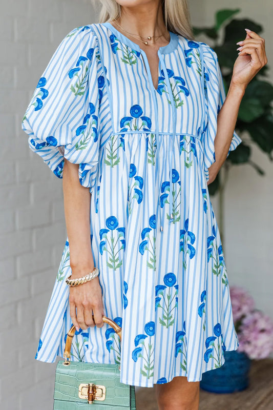 Striped Florals Puff Sleeve Mini Dress