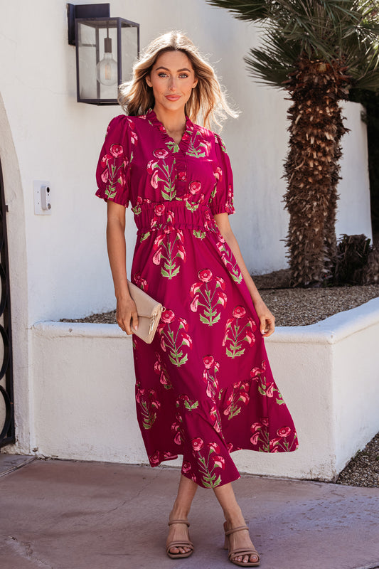 Red Floral Frilled Maxi Dress