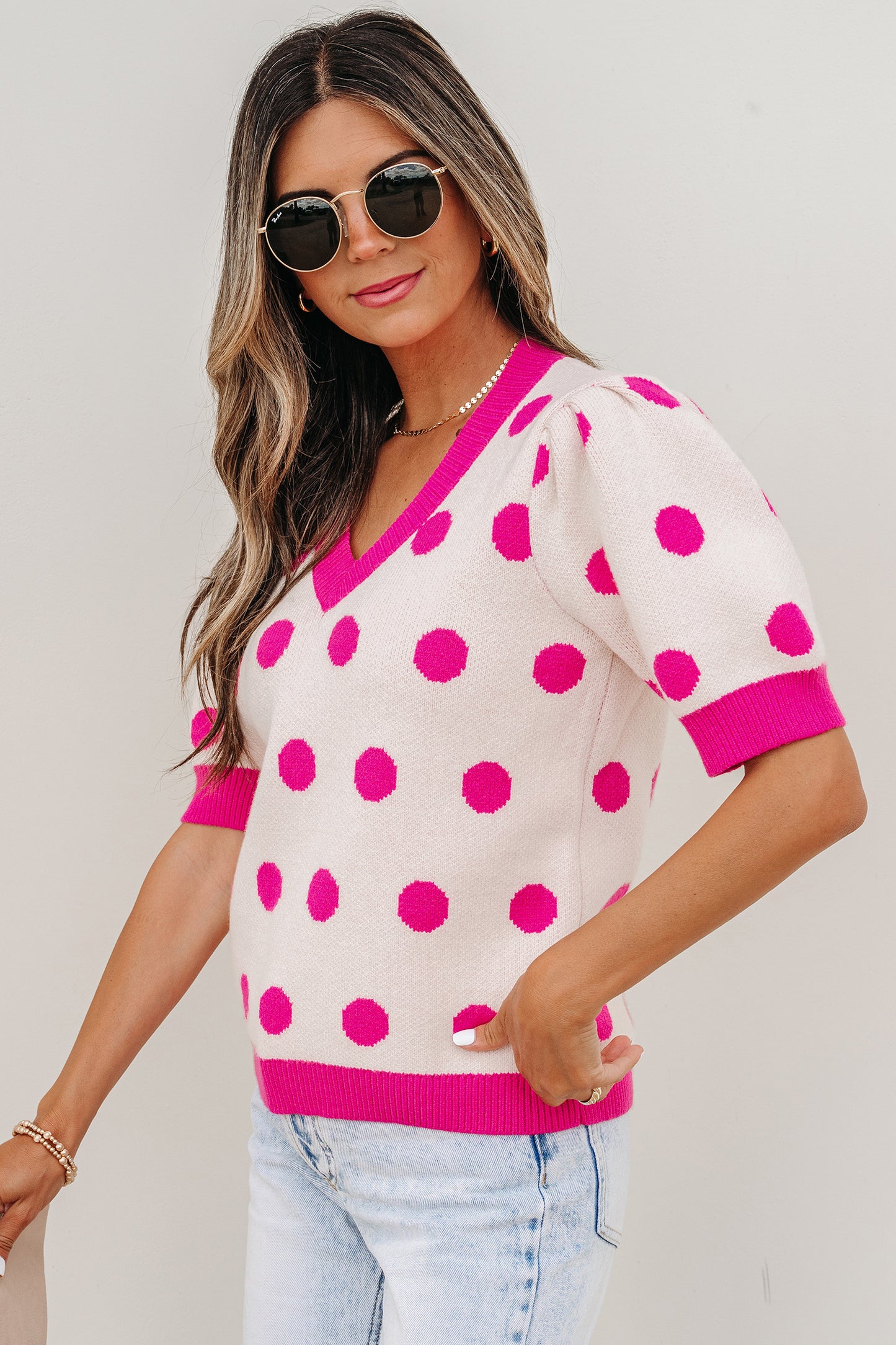 Polka Dot Puff Short Sleeve Sweater