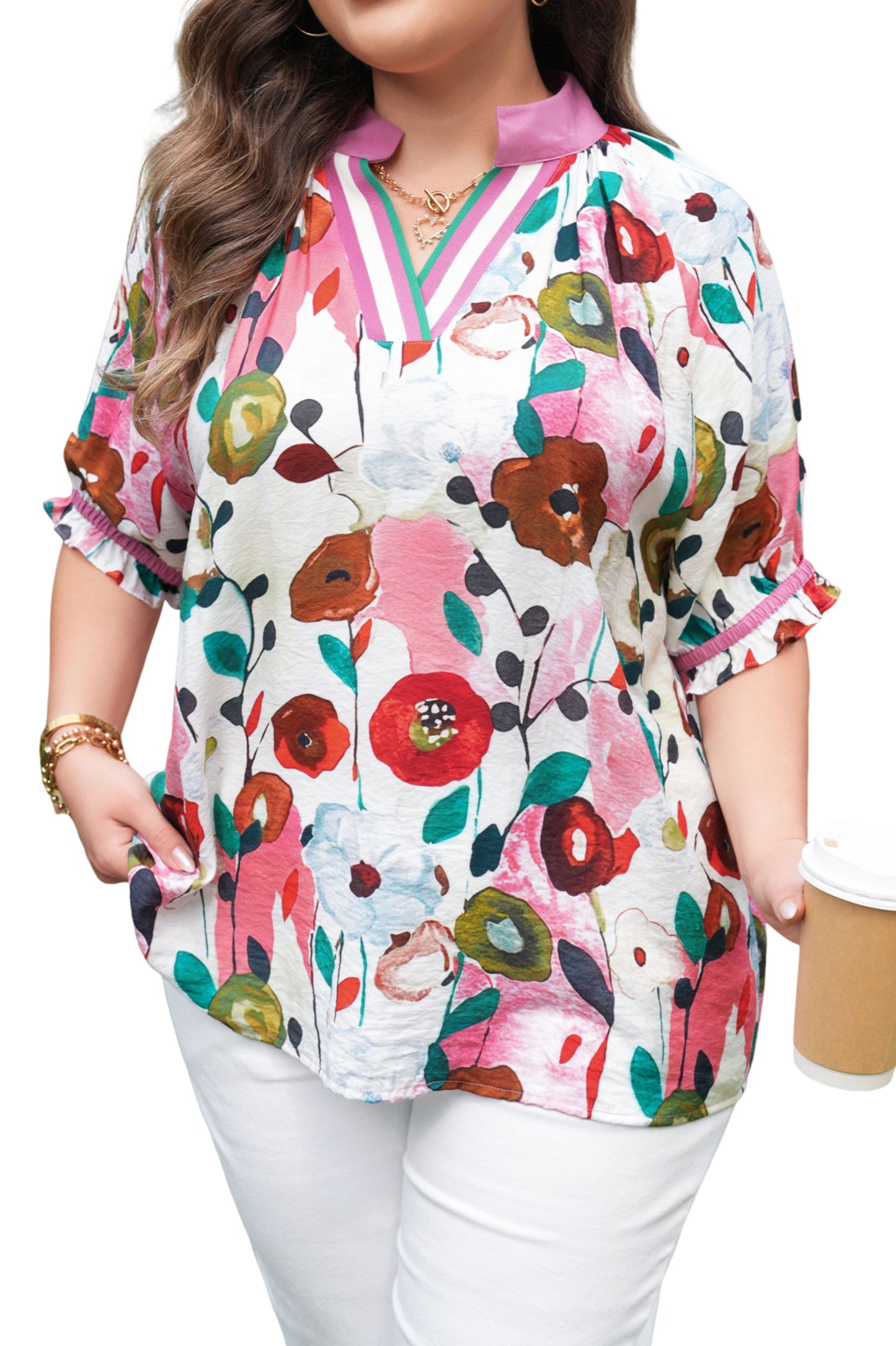 Puff Sleeve Floral Blouse in Plus Size