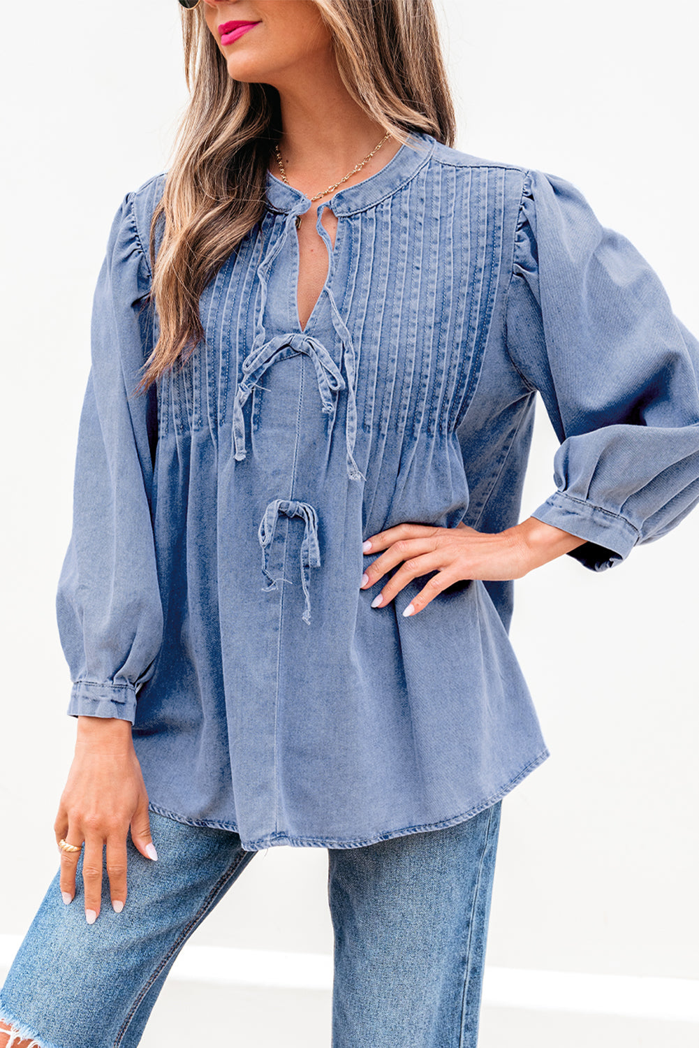 Denim Front Tie Puff Sleeve Top