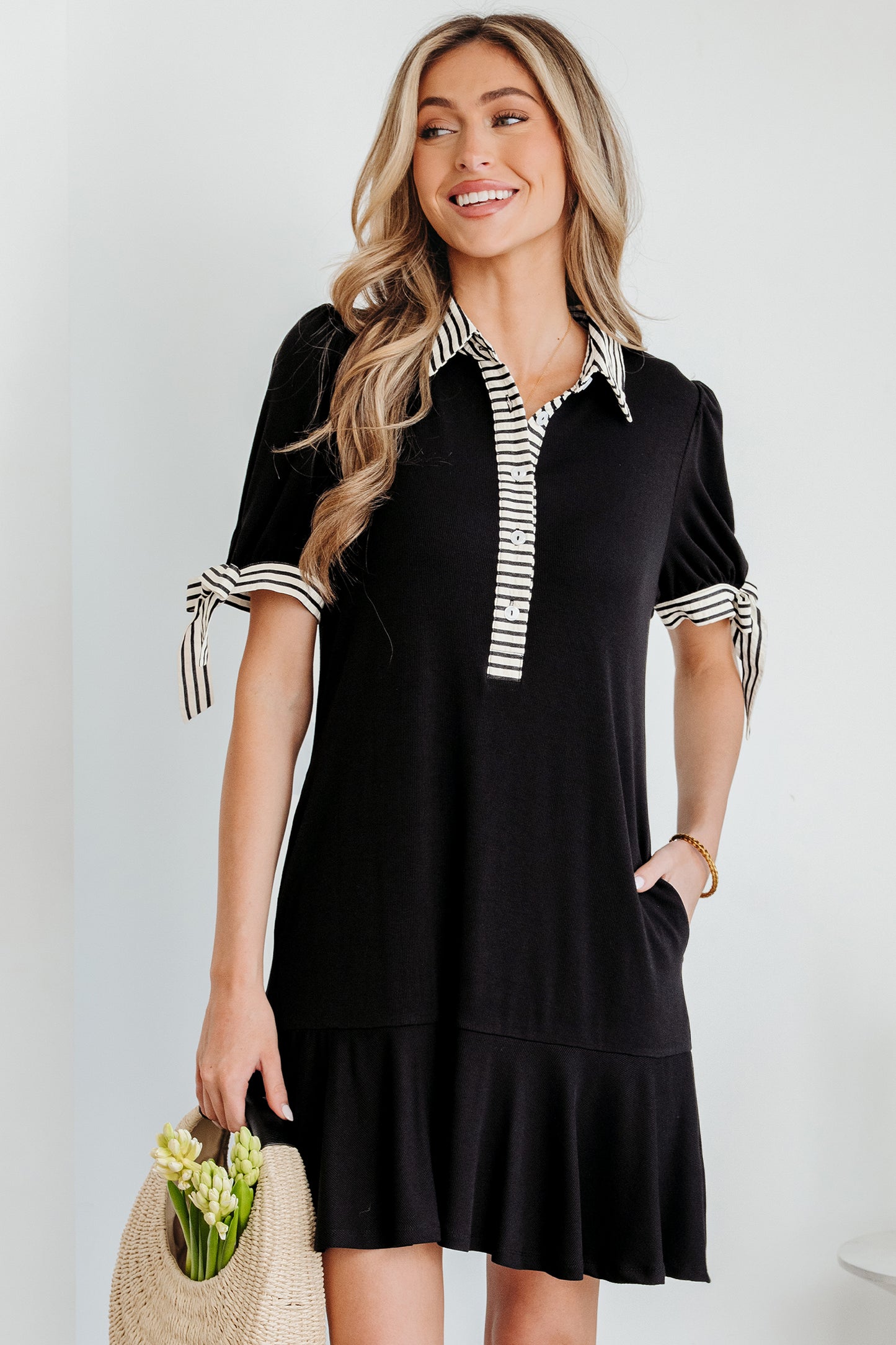 Black Stripe Detail Polo Dress
