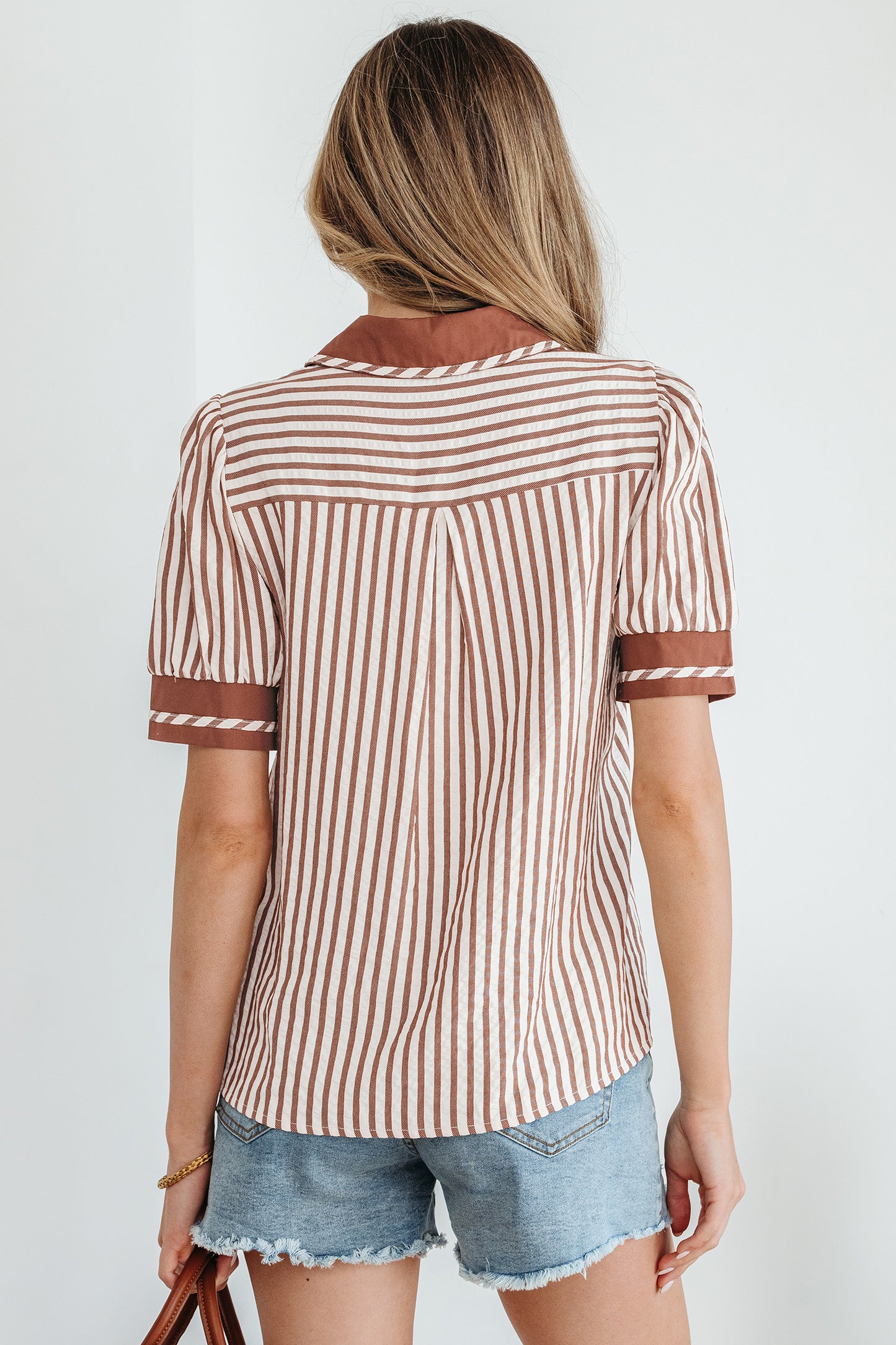 Khaki Striped Bubble Sleeve Blouse