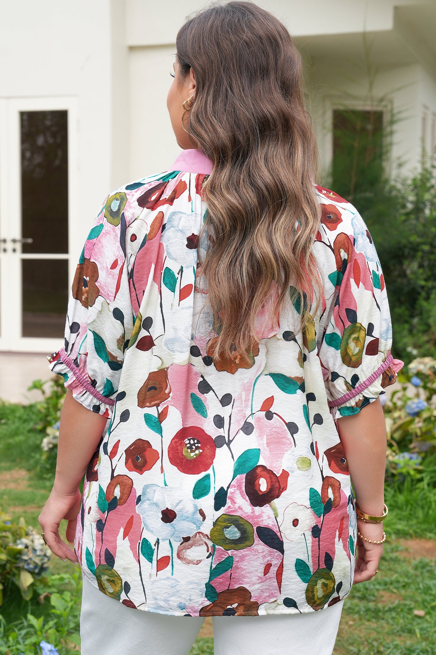 Puff Sleeve Floral Blouse in Plus Size