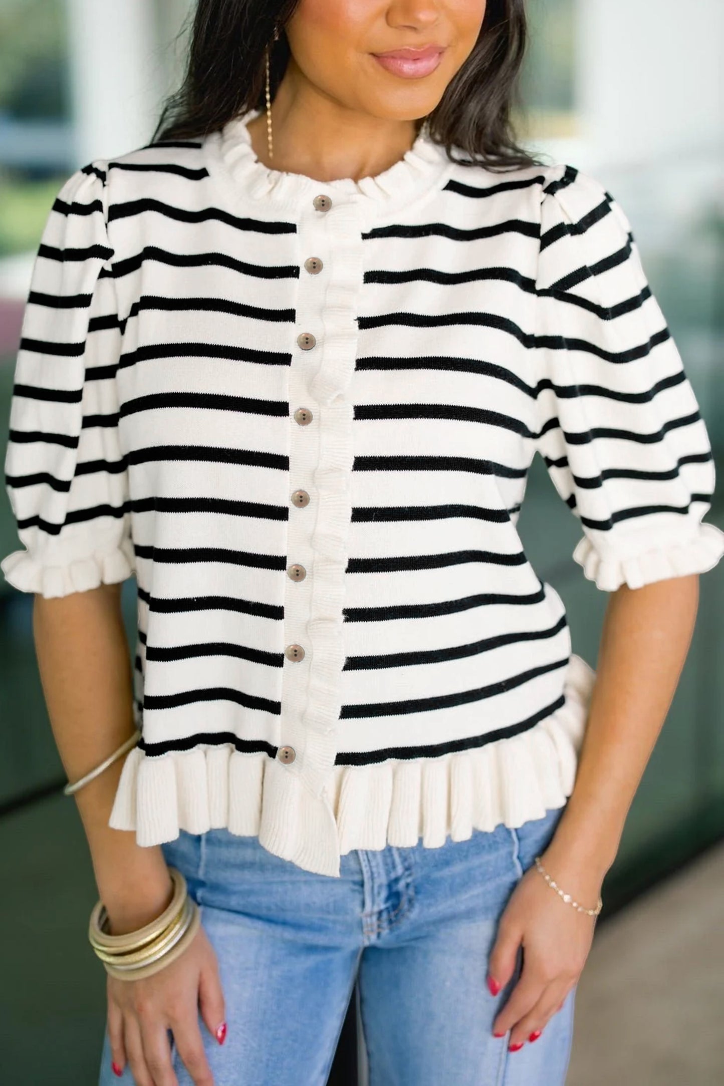Beige Ruffle Trim Sweater Cardigan