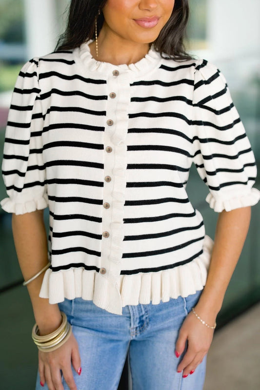 Beige Ruffle Trim Sweater Cardigan