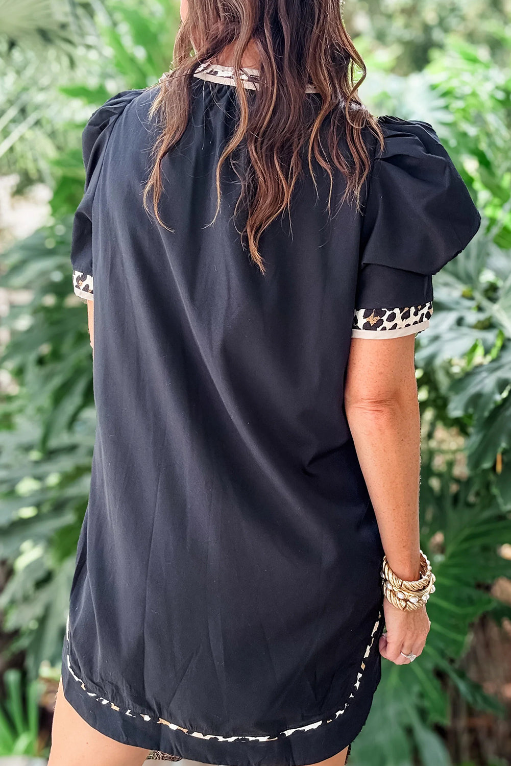 Black Leopard Trim Puff Sleeve Mini Dress