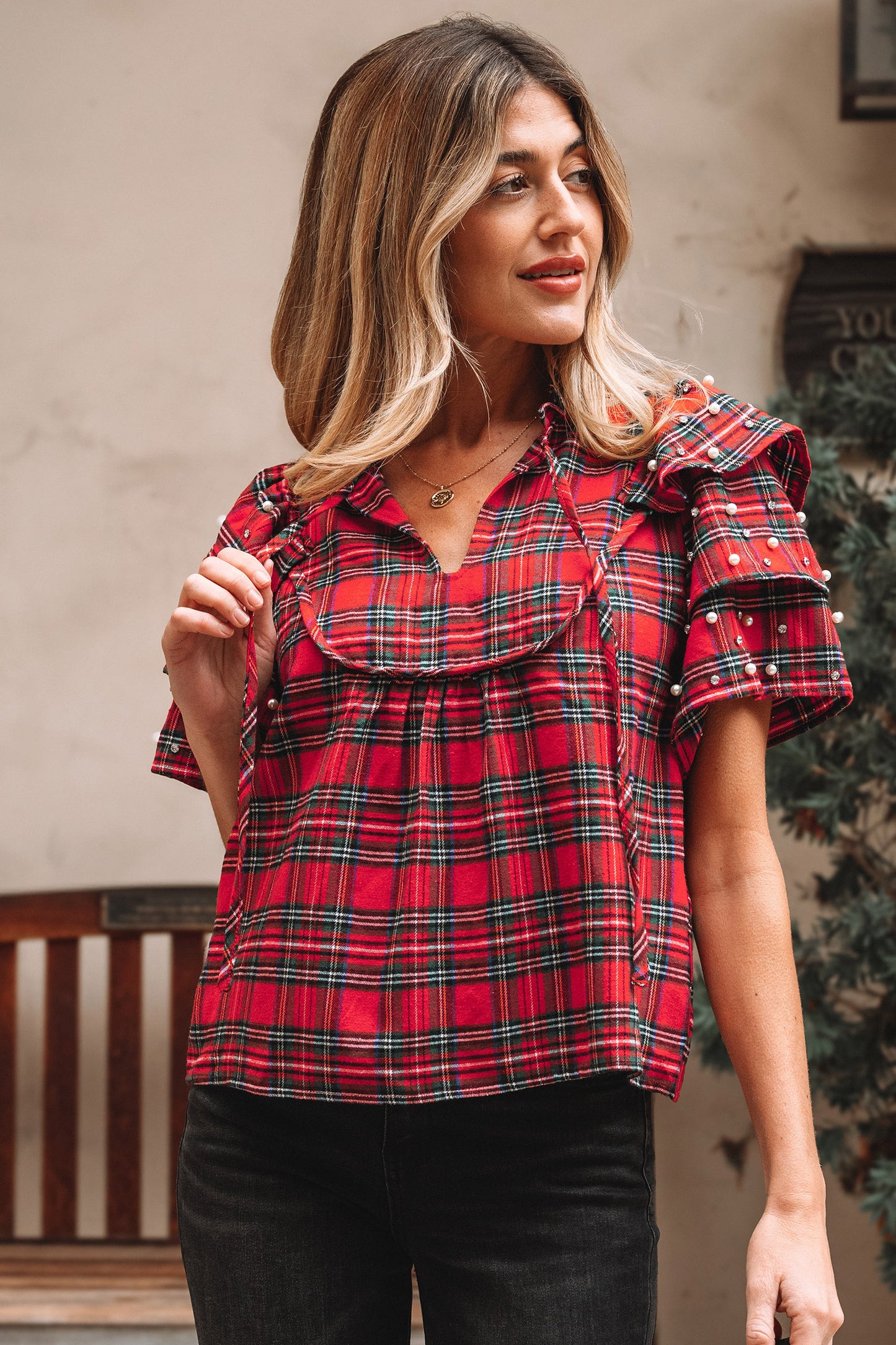 Festive Plaid Ruffle Sleeve Blouse