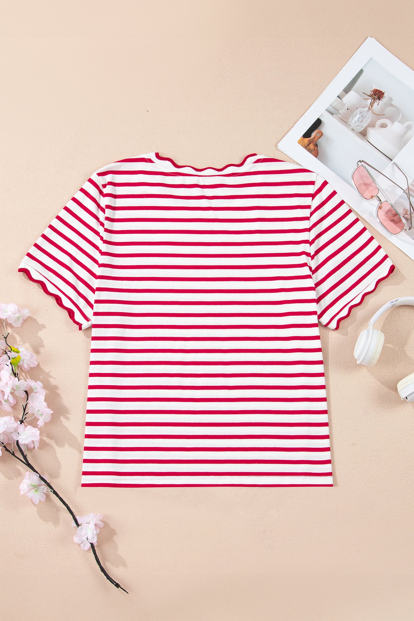 Red Stripe Scalloped Trim Tee