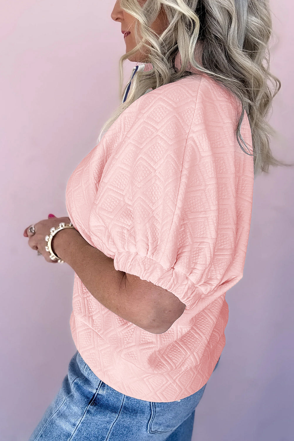 Puff Sleeve Blouse with Striped Collar-Pink