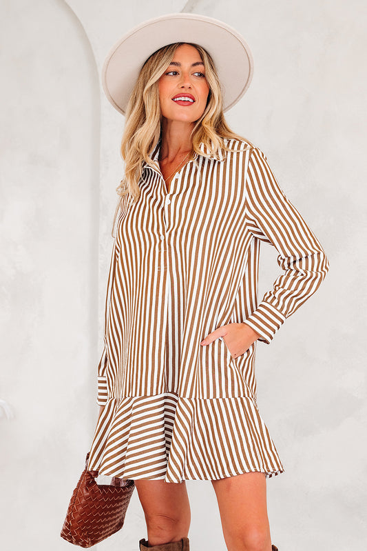 Brown Stripe Ruffled Hem Shirt Dress