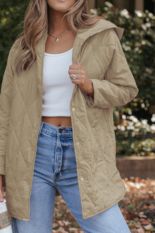 Khaki Snap Button Hooded Puffer Coat