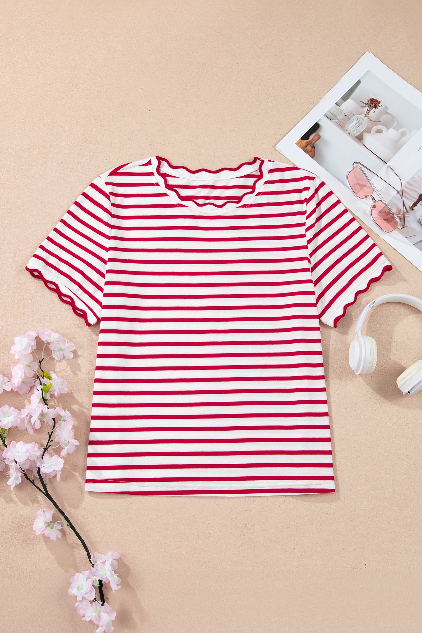 Red Stripe Scalloped Trim Tee