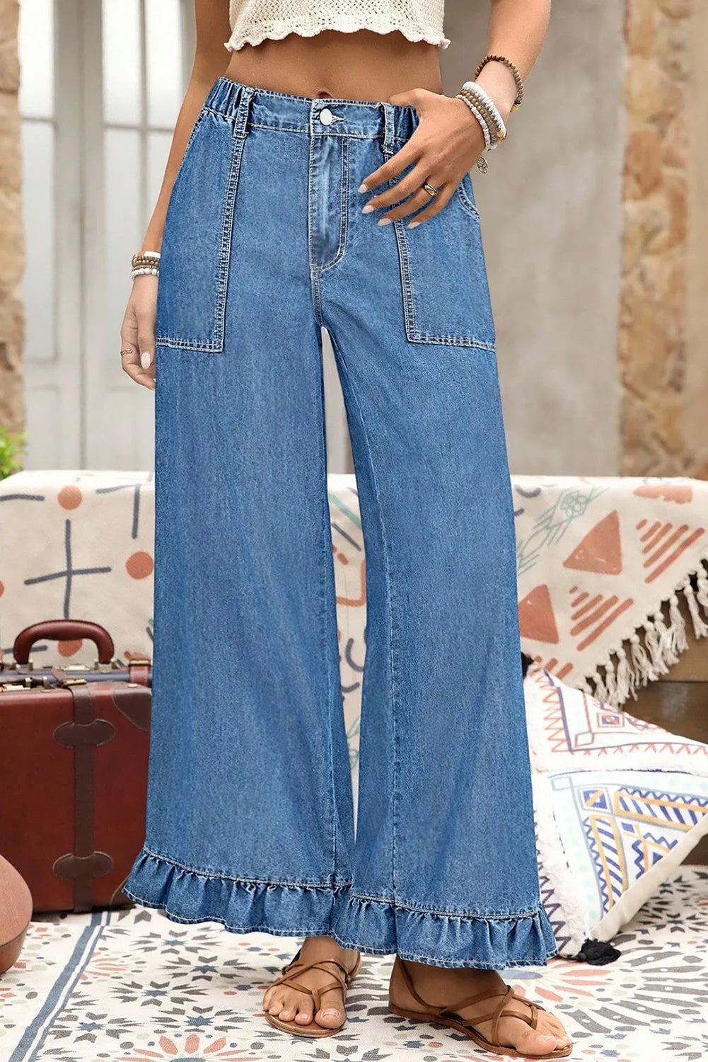 Ruffled Wide Leg Denim Pants in Plus Size