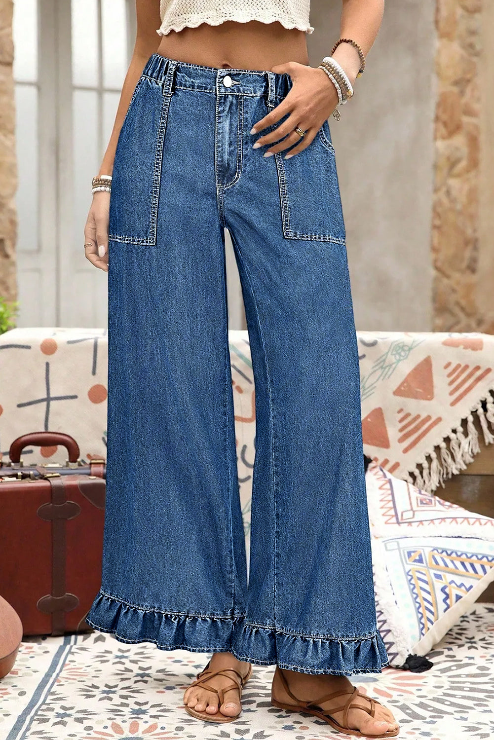 Ruffled Wide Leg Denim Pants in Plus Size