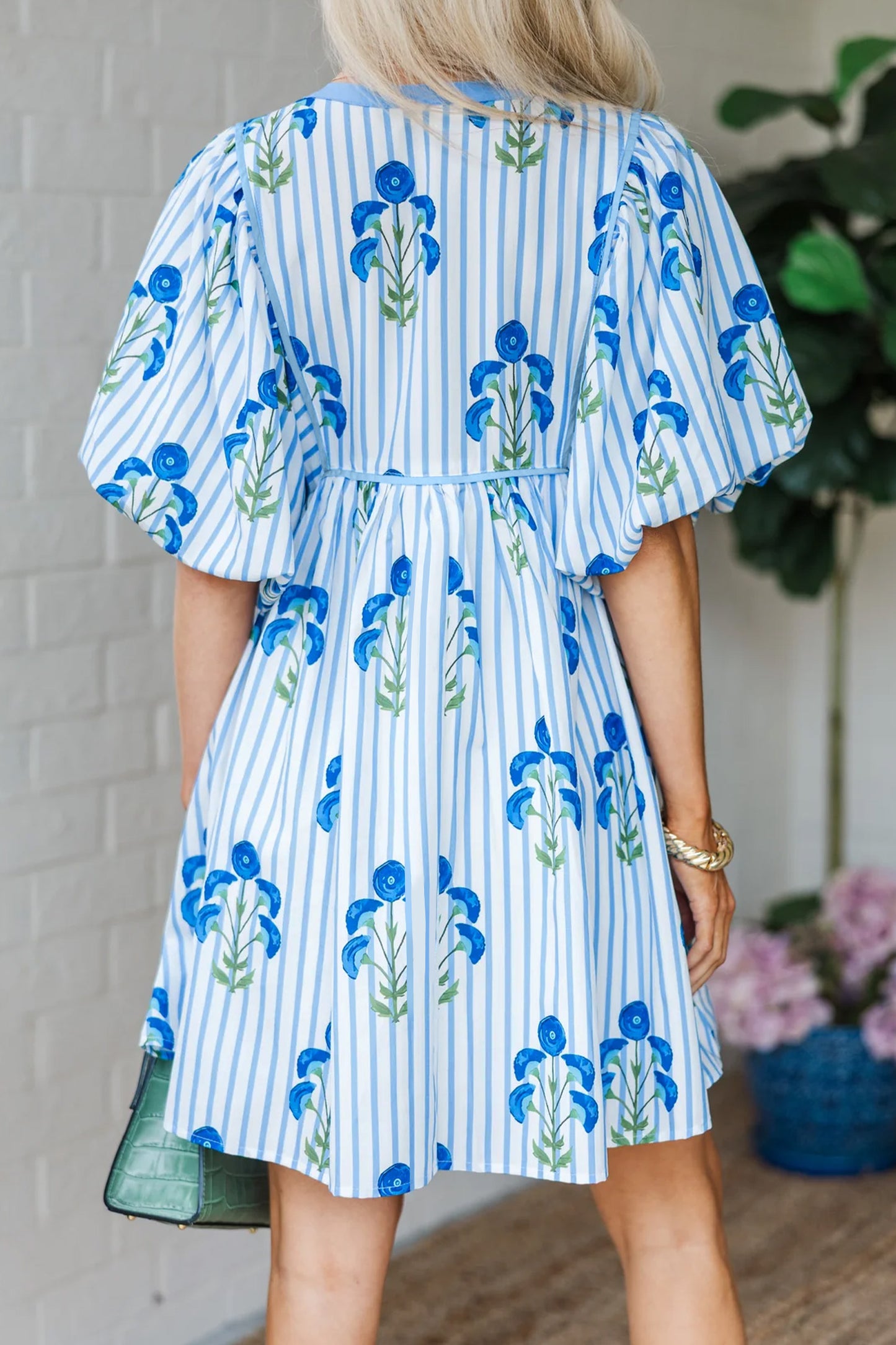 Striped Florals Puff Sleeve Mini Dress