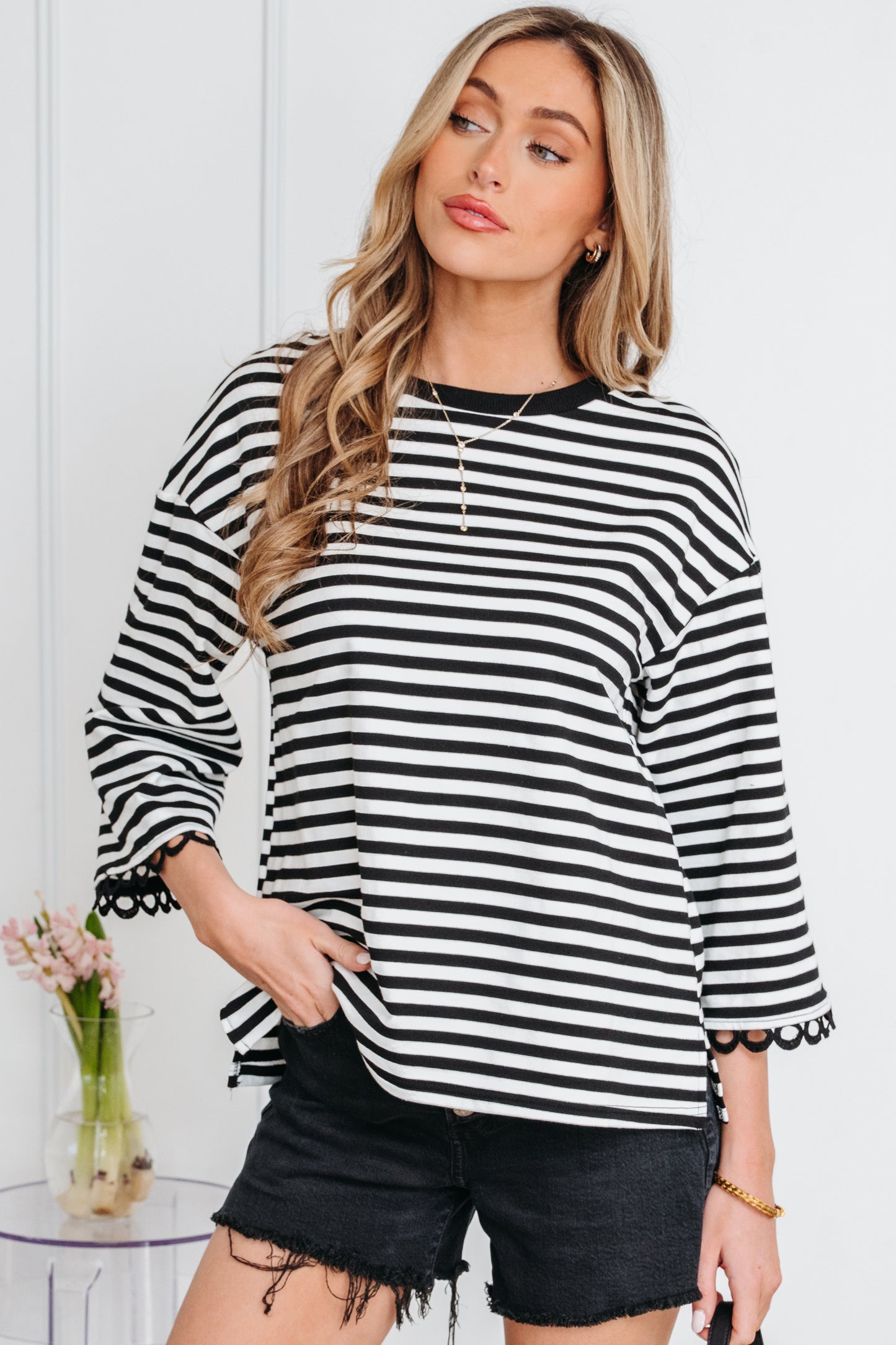 Black Striped Lace Trim Top