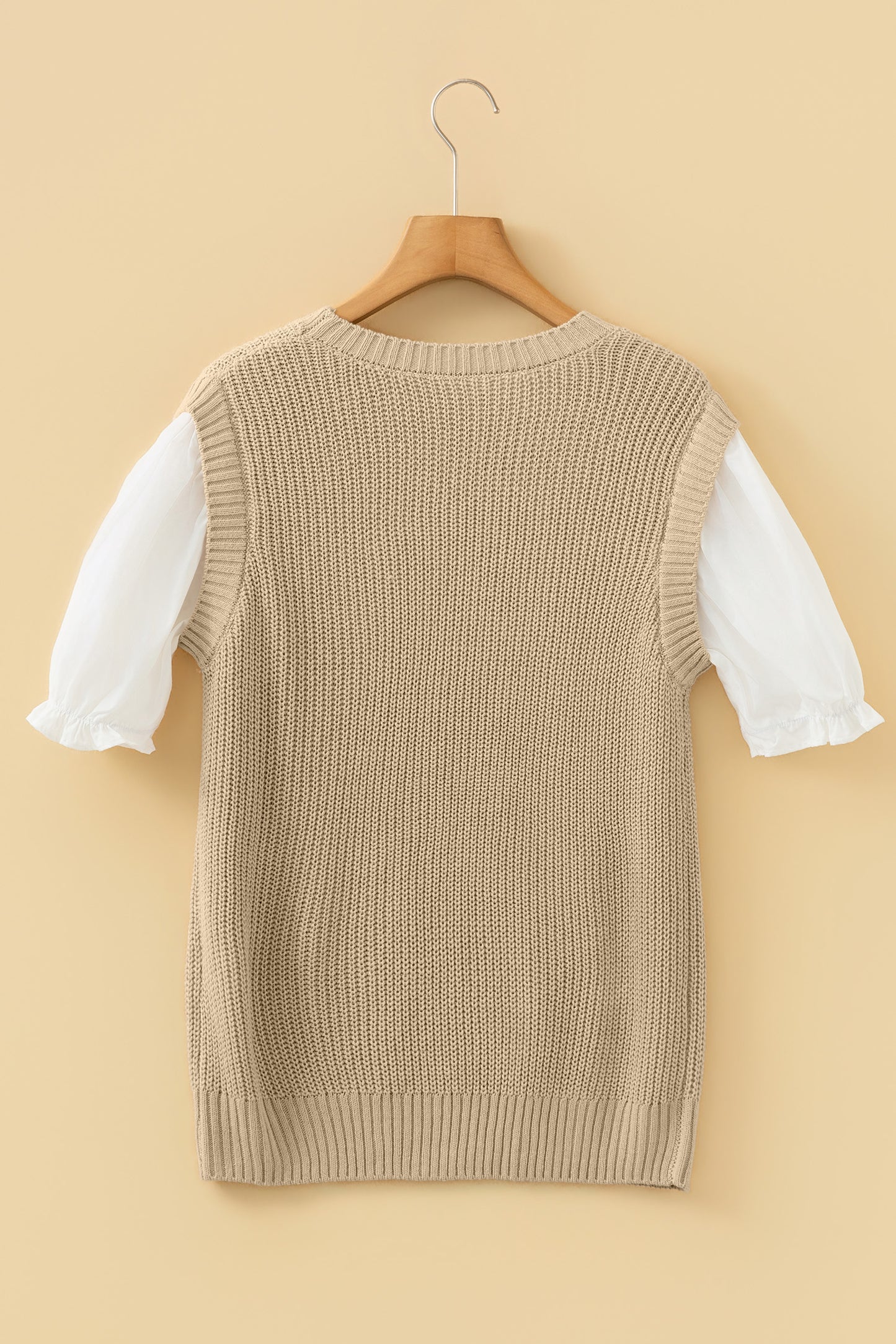 French Beige Sweater Top with Knit Sleeve