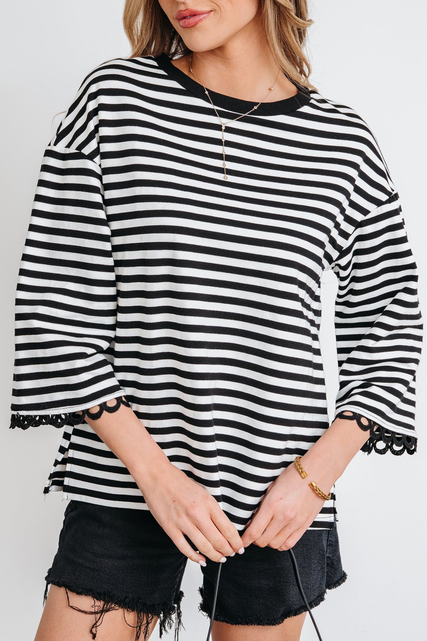 Black Striped Lace Trim Top