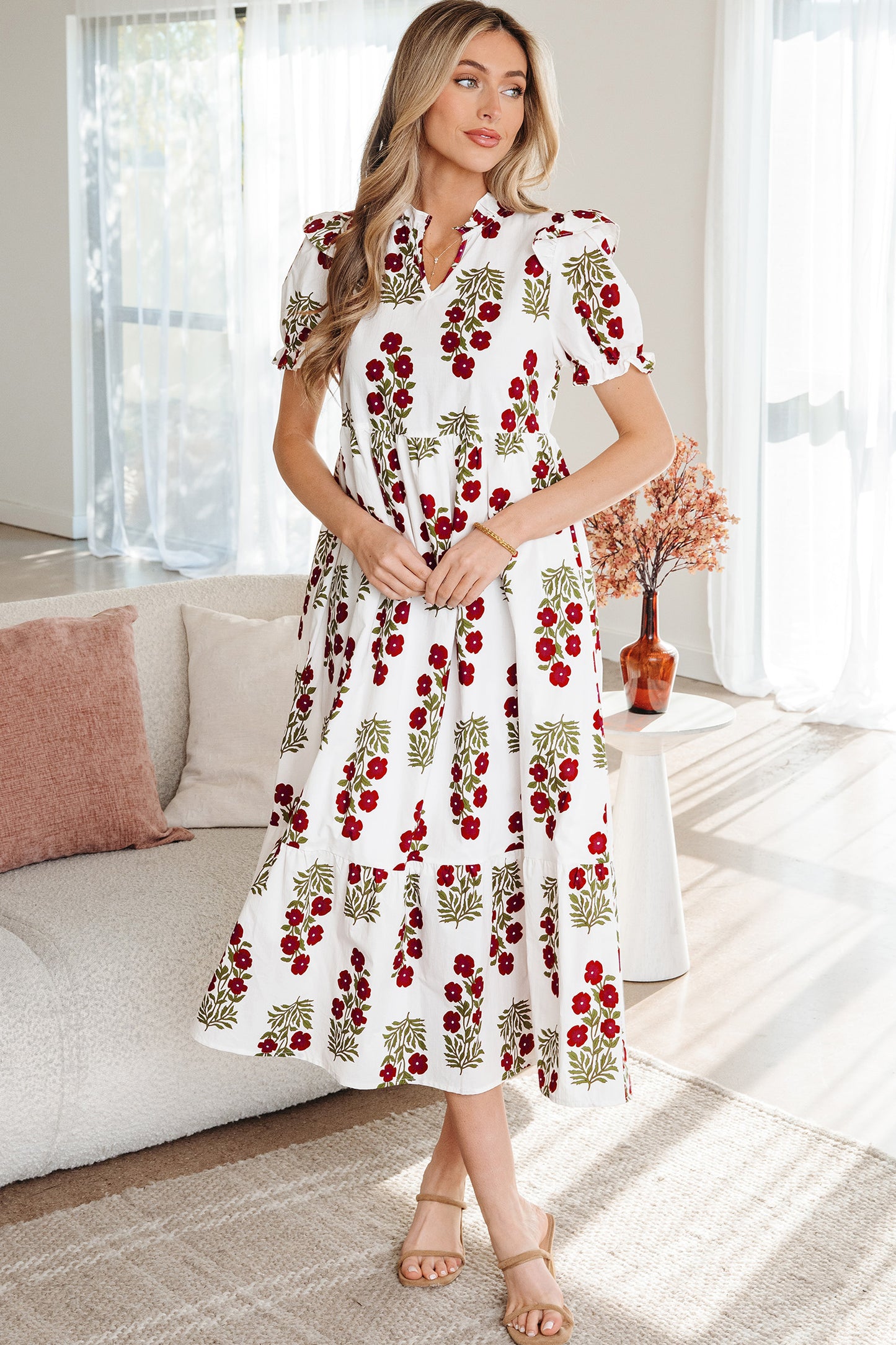 Floral Bubble Sleeve Maxi Dress