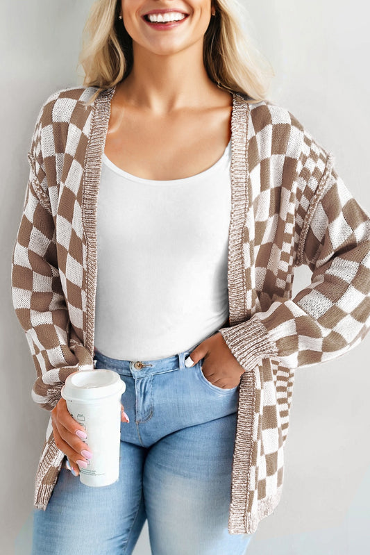Brown Checkered Bubble Sleeve Plus Size Cardigan