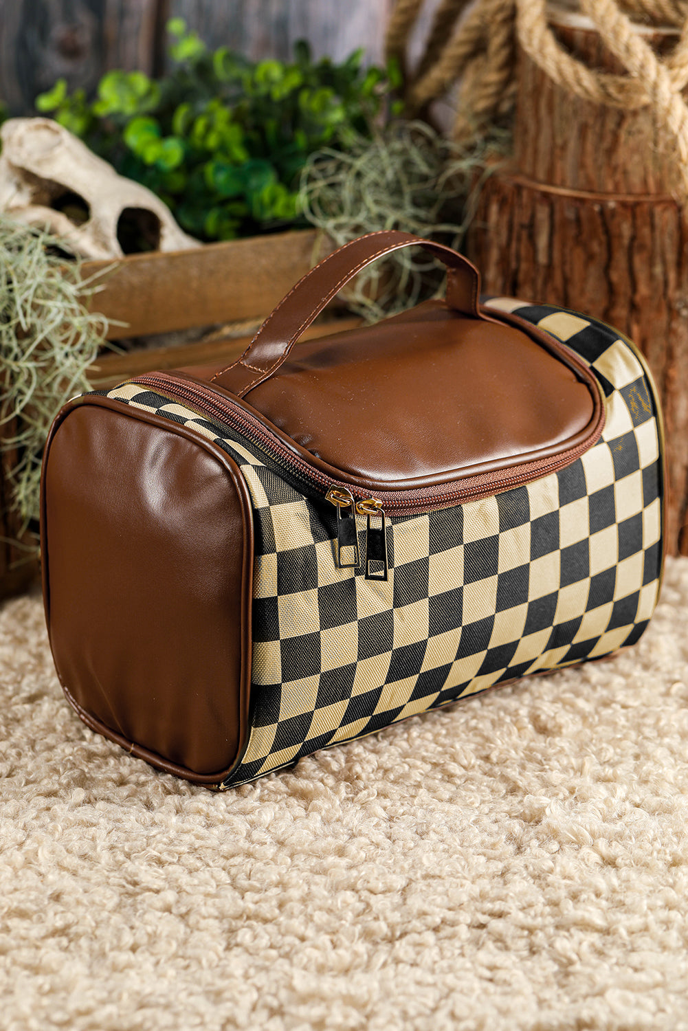 Checkered PU Leather Makeup Bag
