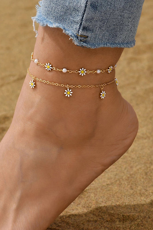 Gold Daisy & Pearl Chain Anklet Set