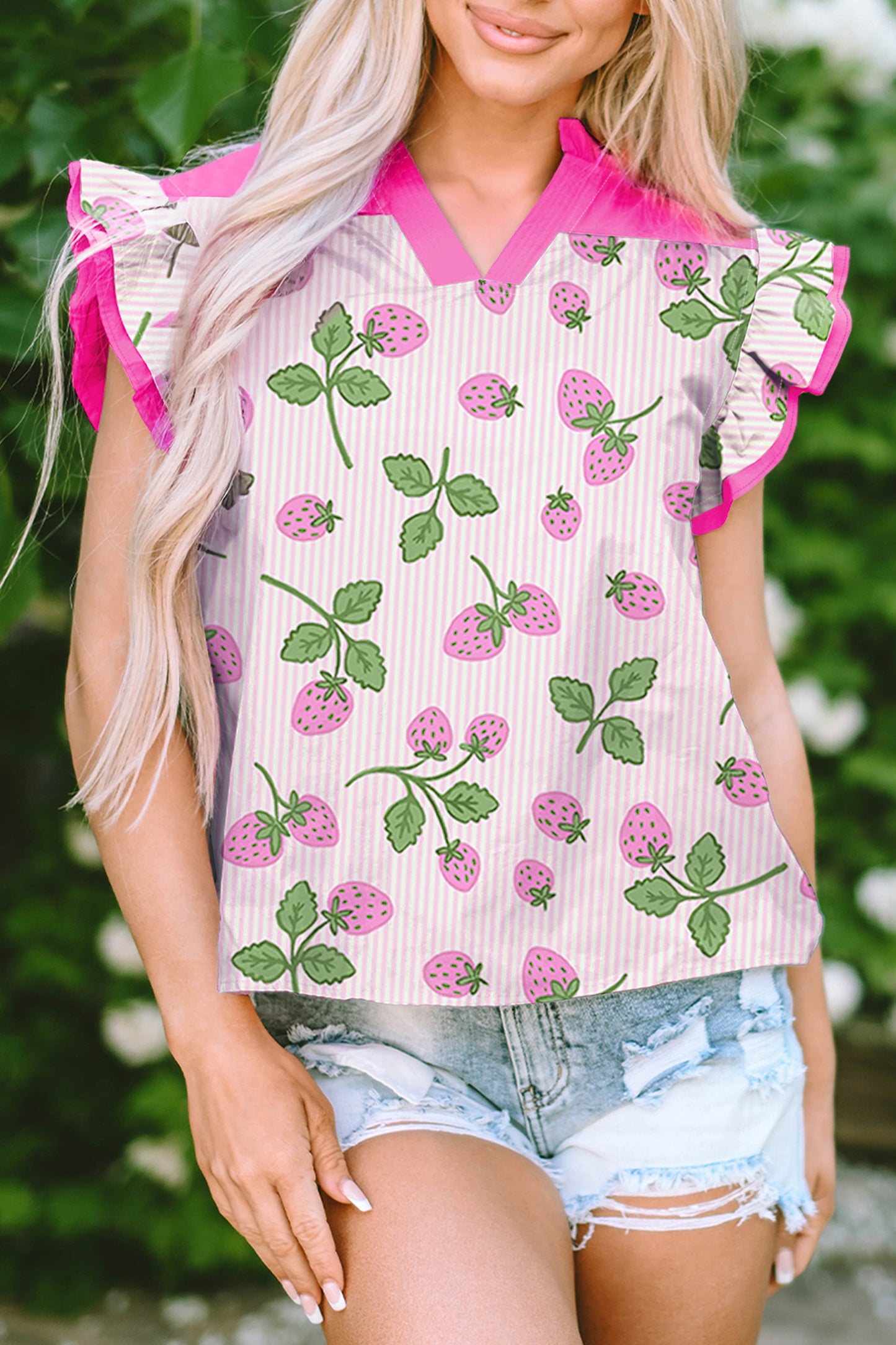 Strawberries and Stripes Flutter Sleeve Blouse