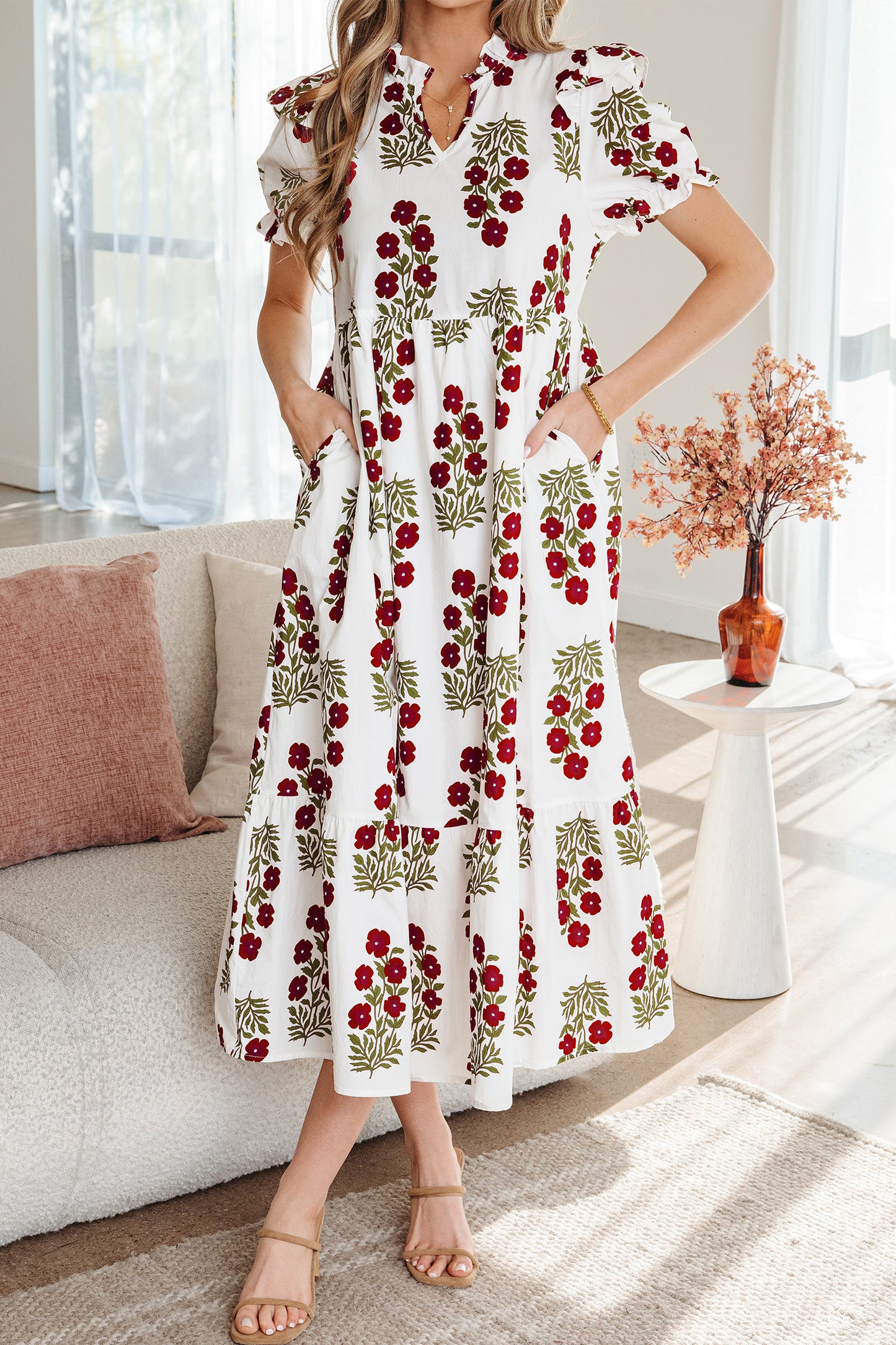Floral Bubble Sleeve Maxi Dress