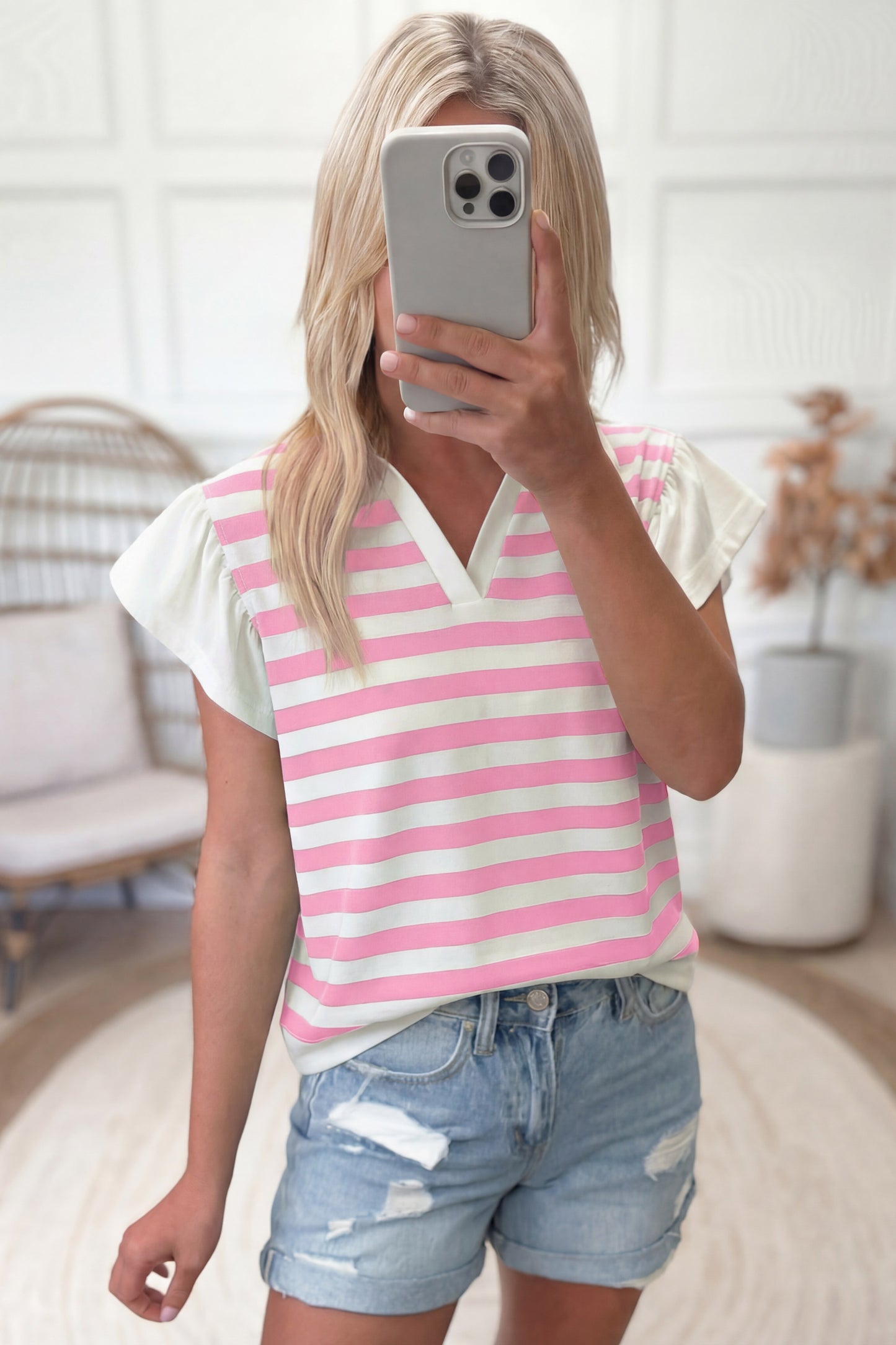 Striped Ruffled Sleeve Blouse