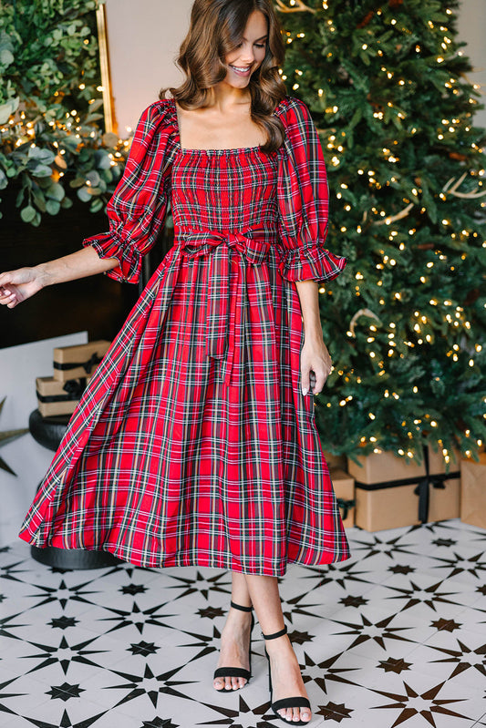 Red Tartan Plaid Flared Midi Dress