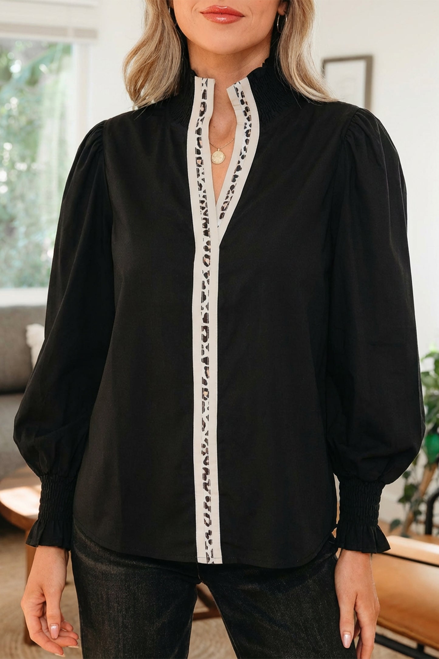 Black Leopard Trim Blouse