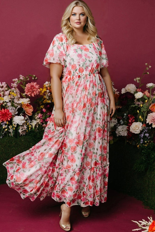 Pink Floral Square Neck Maxi Dress in Plus Size