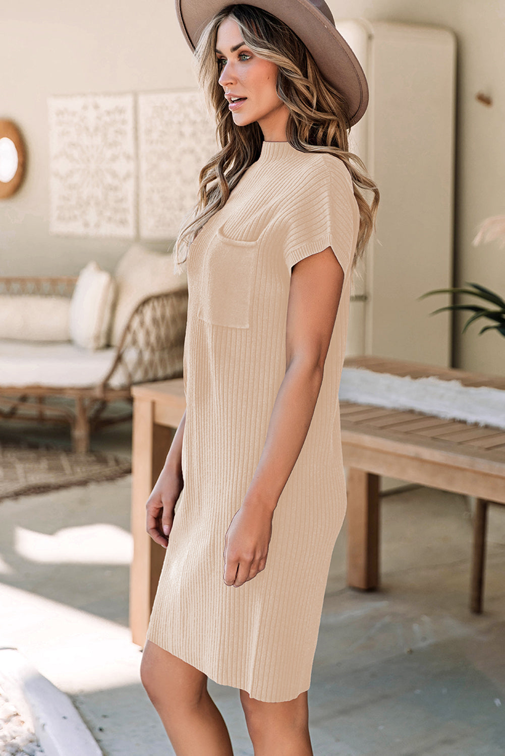 Oatmeal Ribbed Knit Sweater Dress