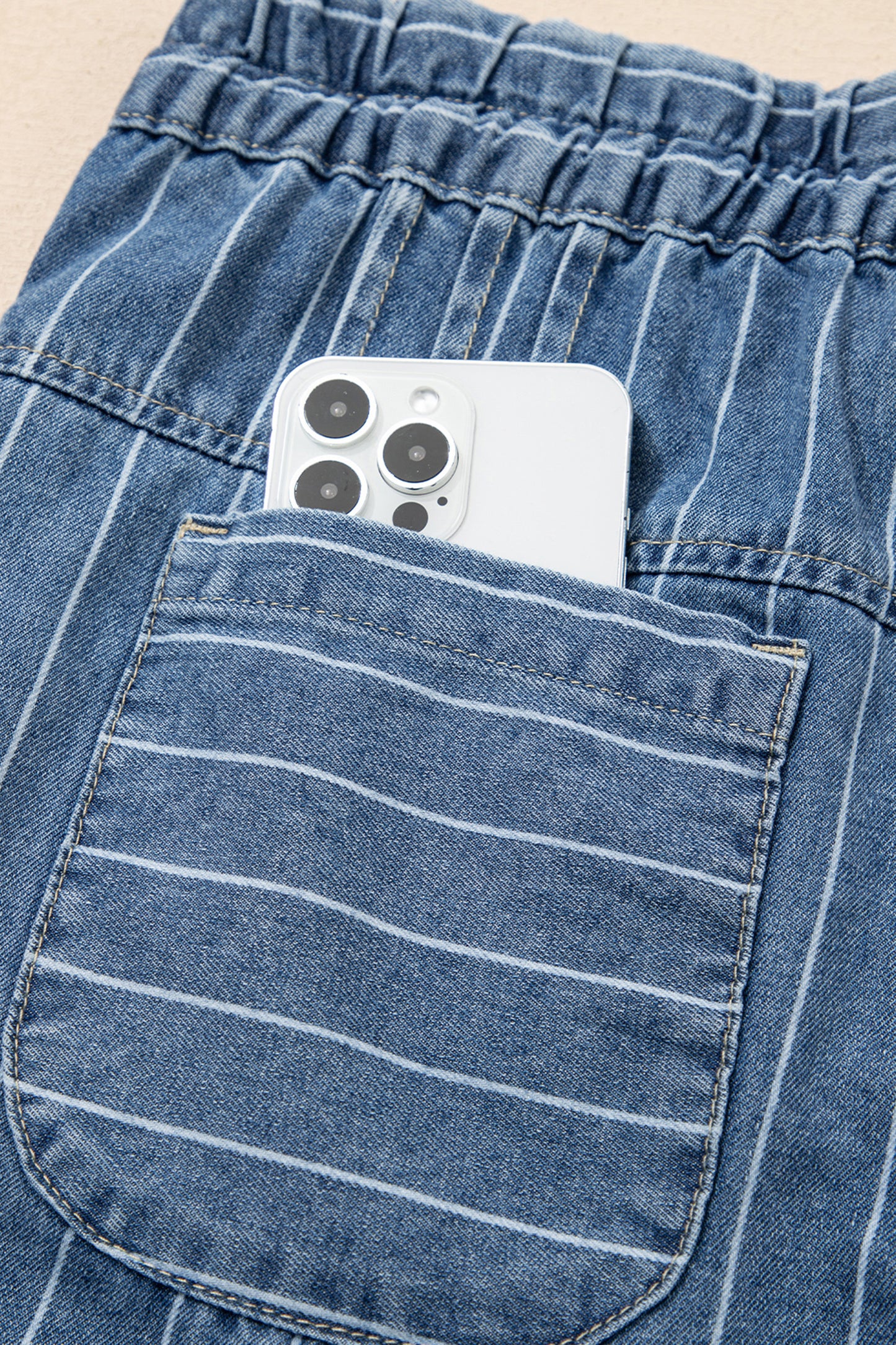 Blue Striped Pleated Wide Leg Jeans