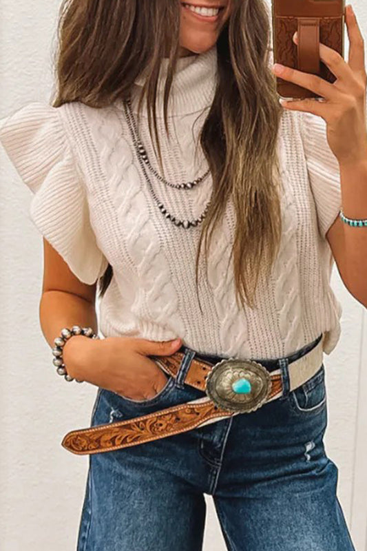 Ruffle Sleeve Cable Knit Sweater
