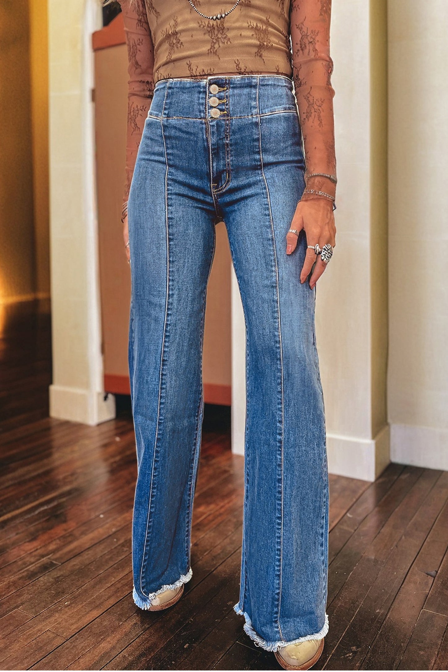 Button Fly Flare Jeans in 2 Colors
