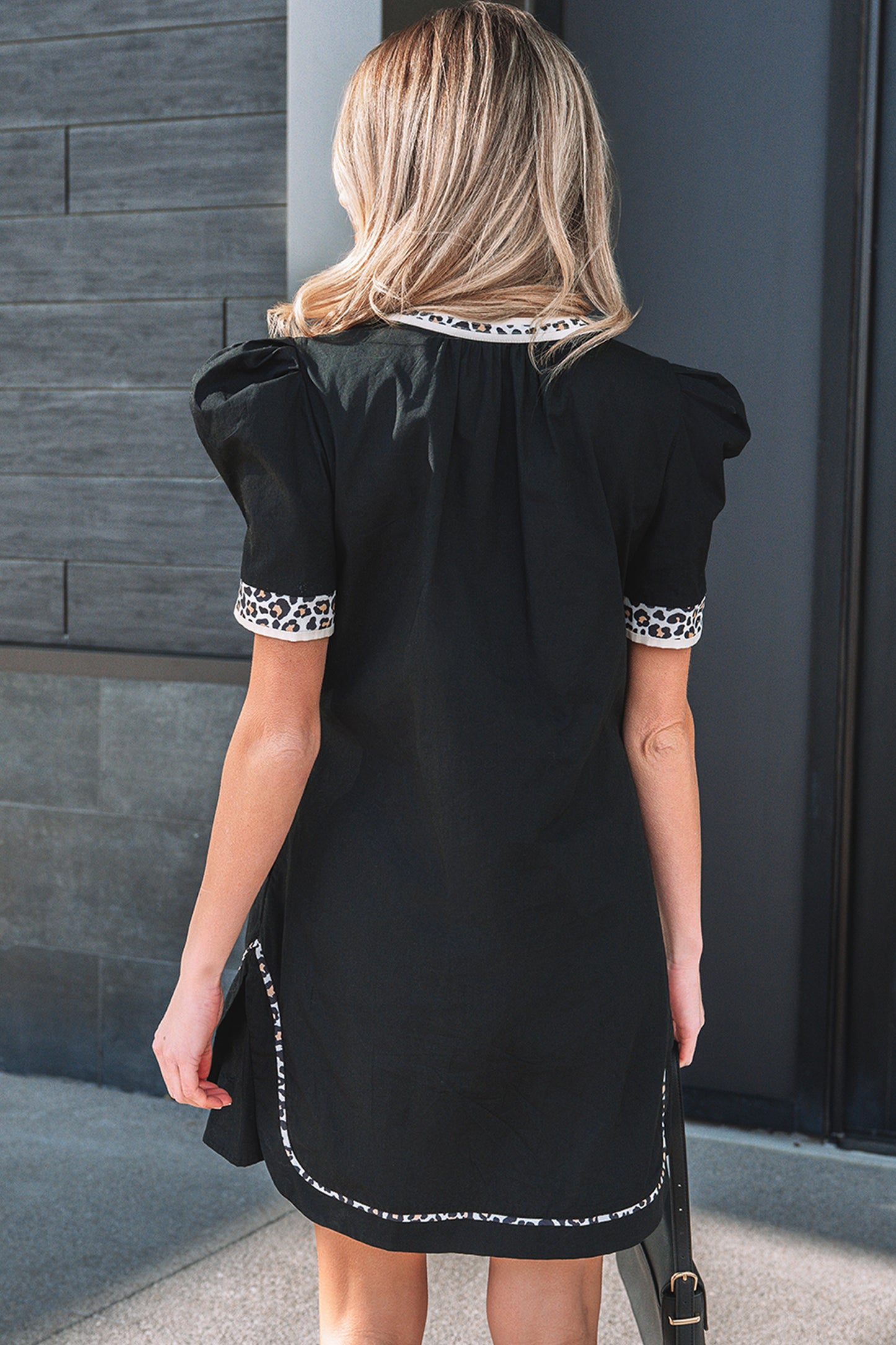 Black Leopard Trim Puff Sleeve Mini Dress