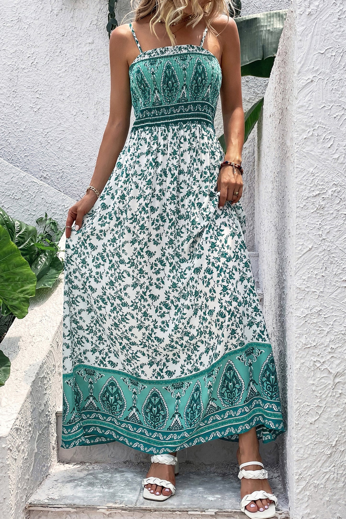 Green Floral Shirred Maxi Dress