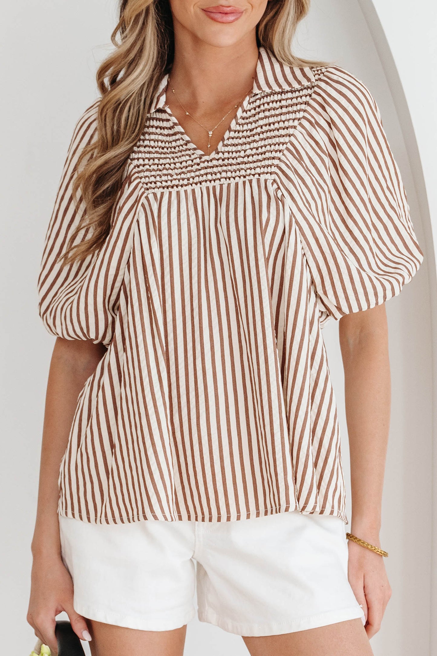 Brown Striped Shirred Blouse