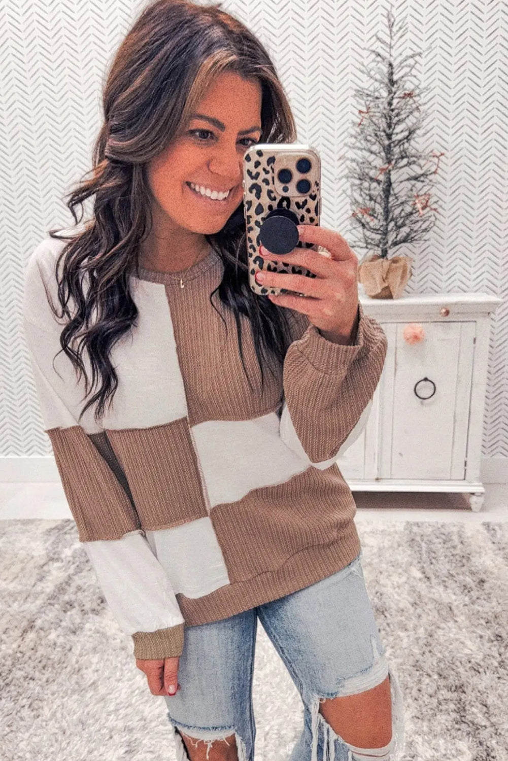 Dark Khaki Checkered Raw Seam Sweater