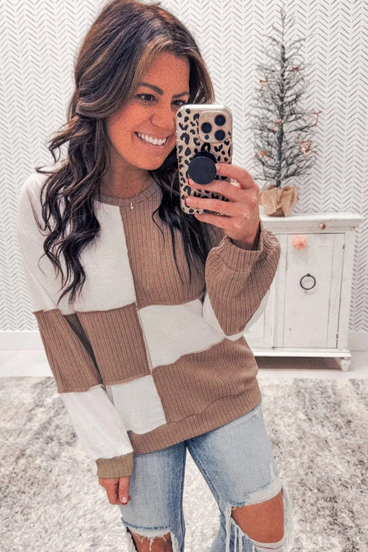 Dark Khaki Checkered Raw Seam Sweater