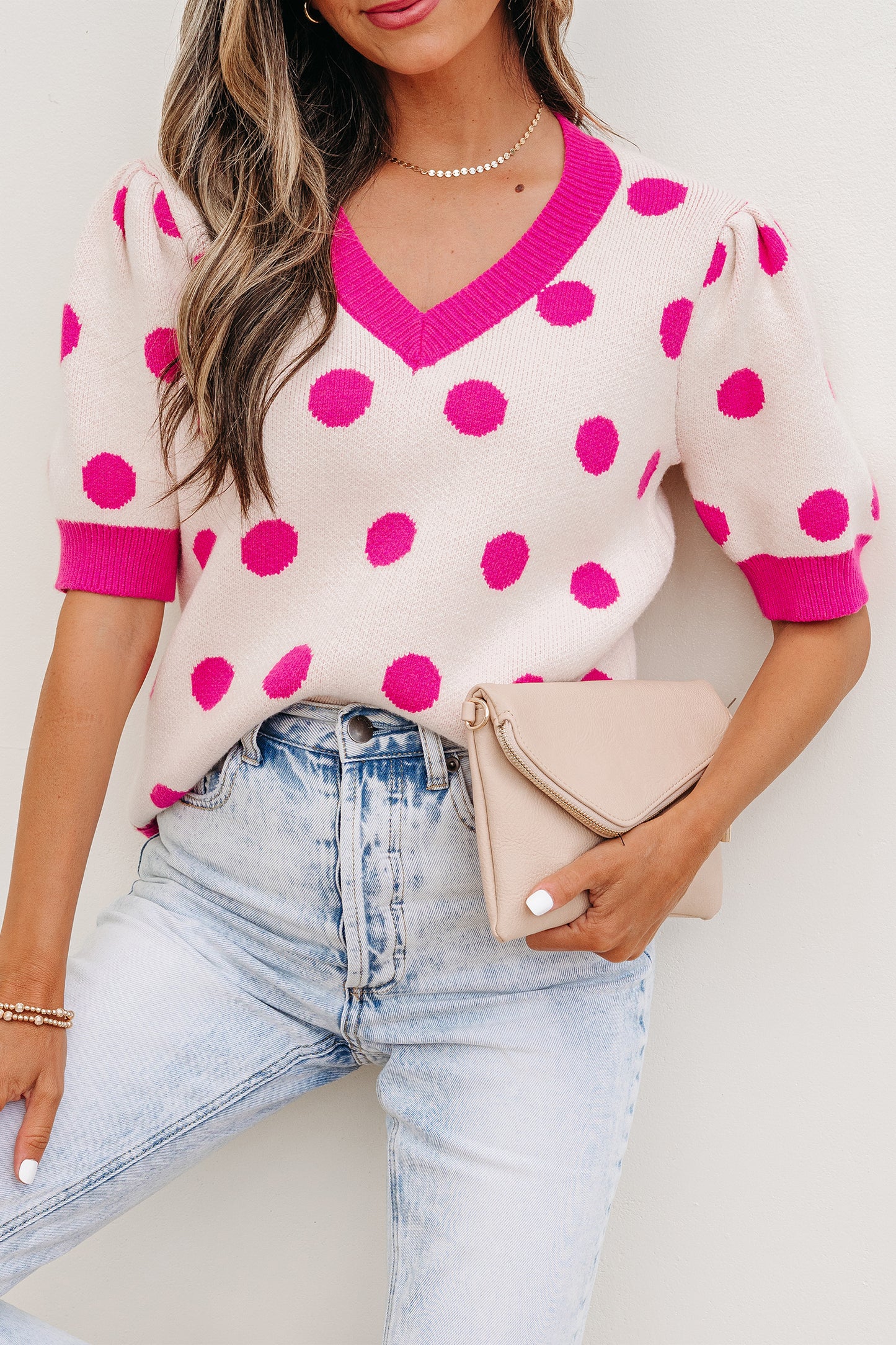 Polka Dot Puff Short Sleeve Sweater