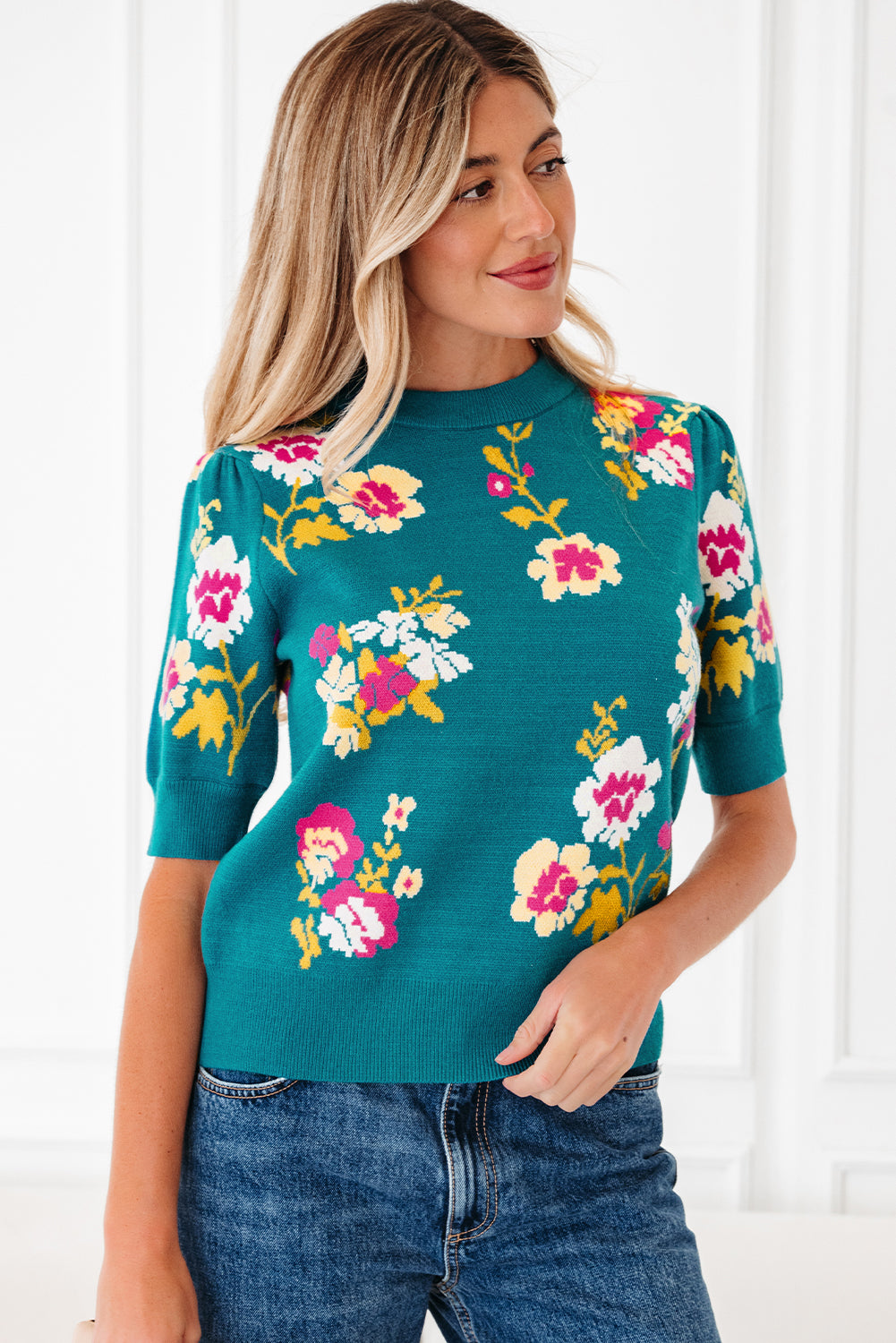 Blue Floral Knitted Top