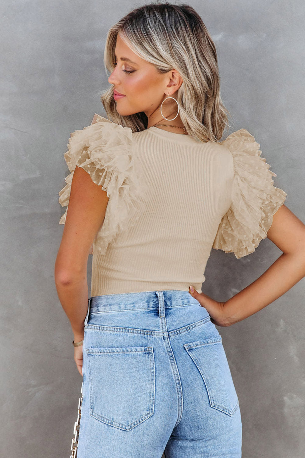 Dotty Ruffle Sleeve & Ribbed Knit Top in Apricot