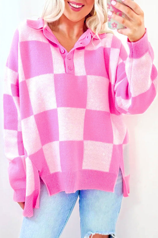 Pink Checkered Drop Shoulder Sweater