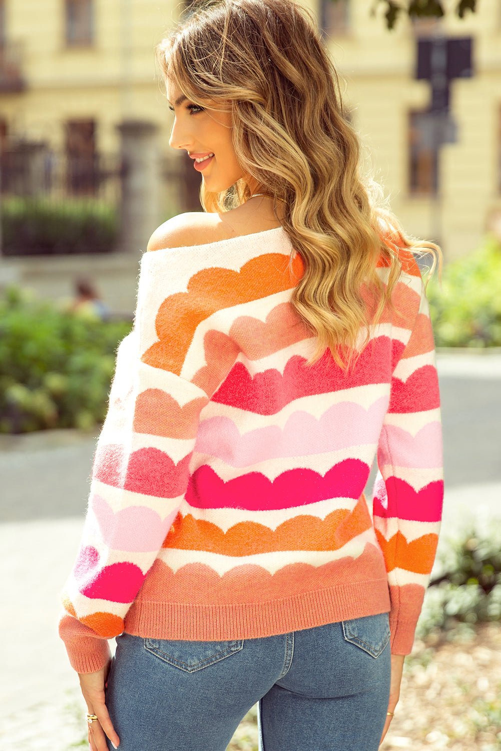 Rose Red Wavy Striped Sweater