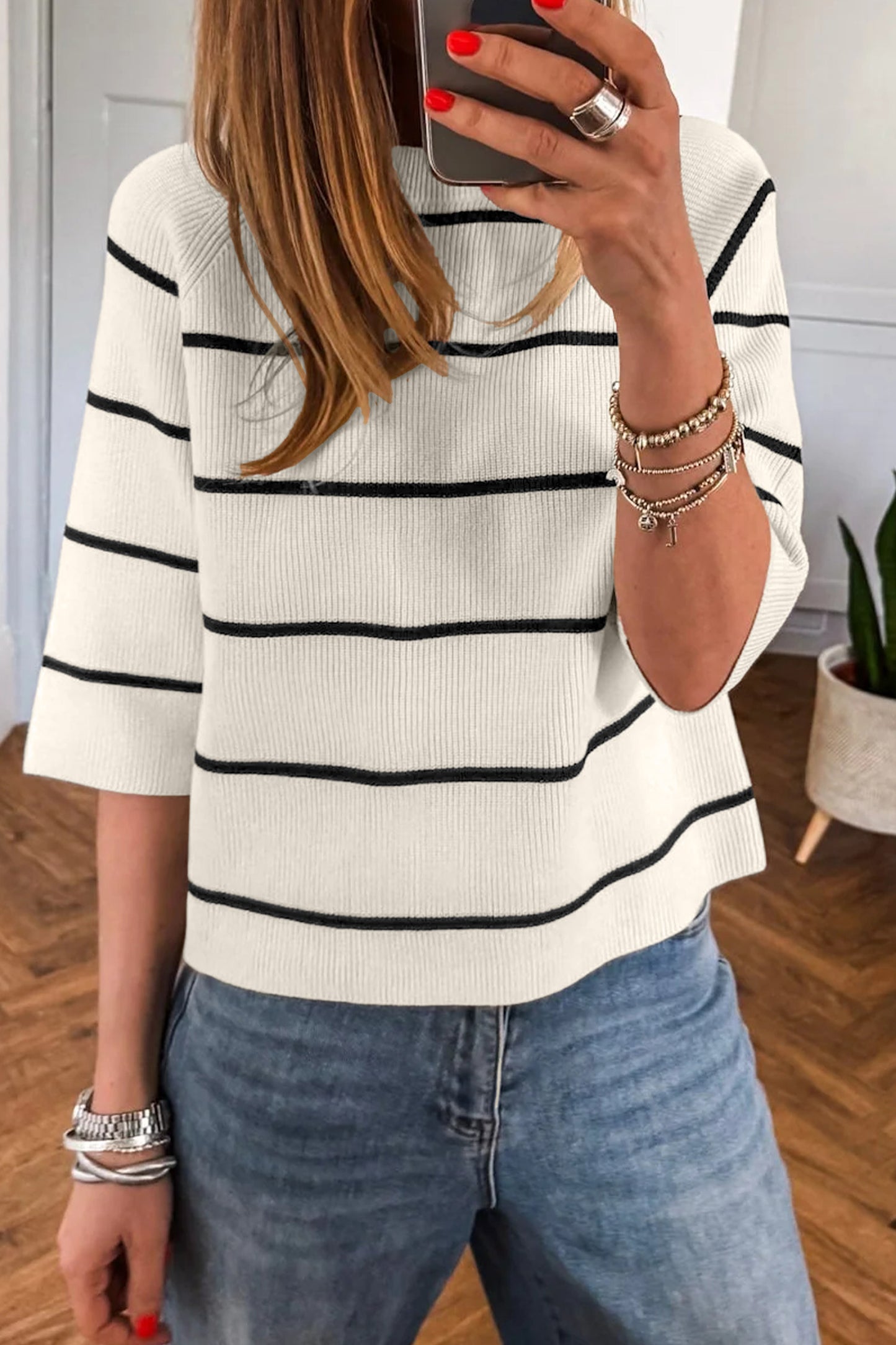 Classic Striped Ribbed Knit Sweater Tee