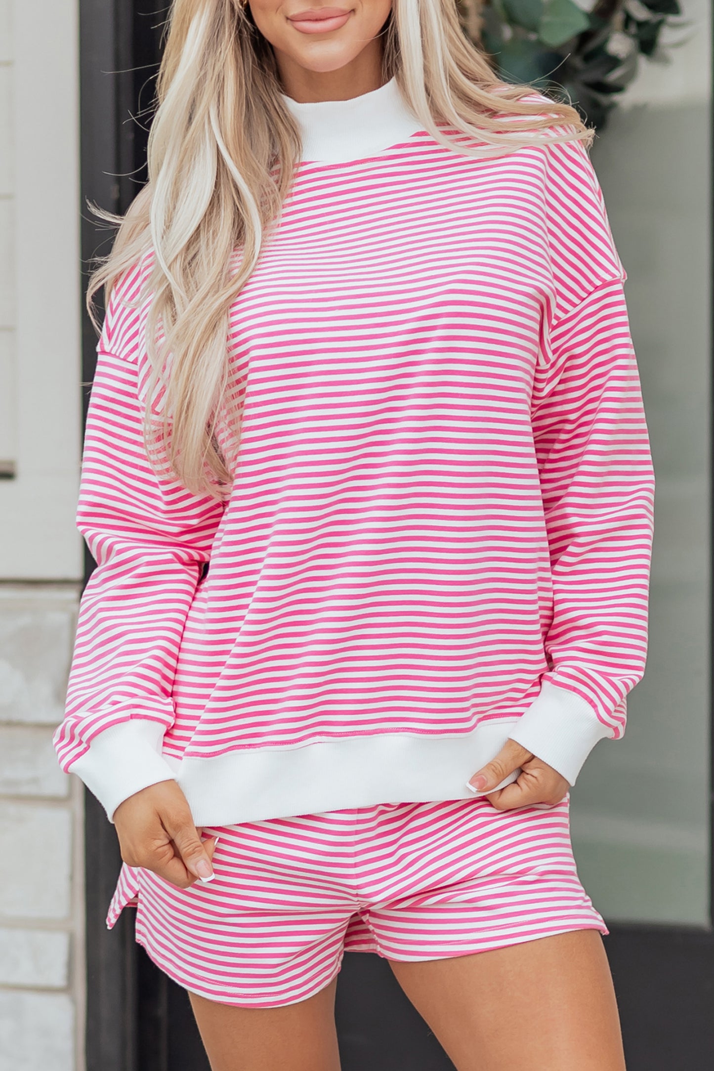 Pink Striped Sweatshirt and Shorts Set